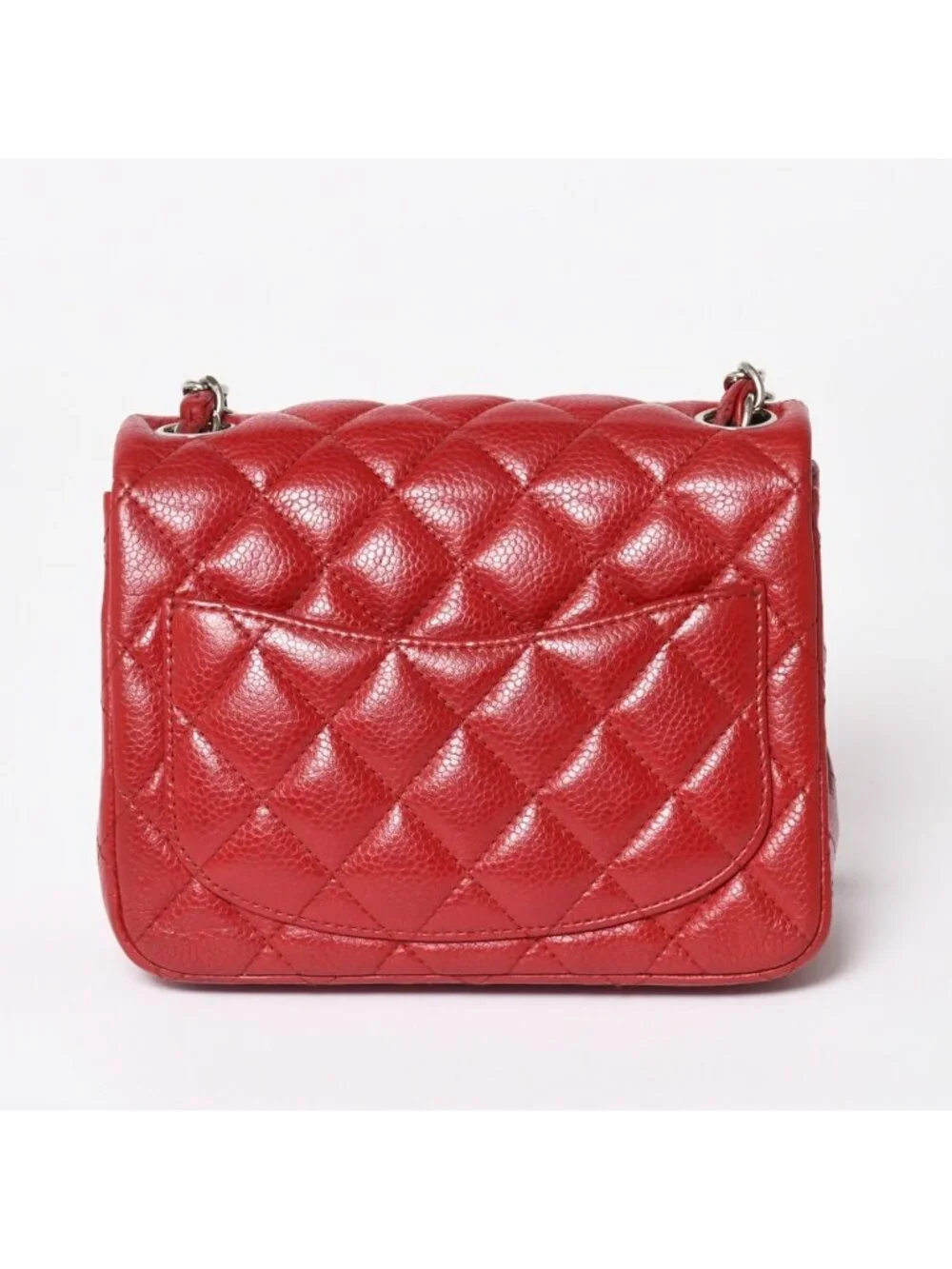 Chanel Mini Quilted 16 Chain Shoulder Bag Caviar Leather Red Silver